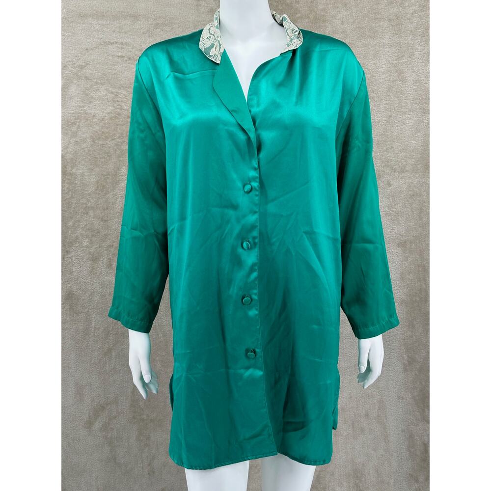 Vintage Victorias Secret Nightshirt Womens Small‎ Petite Green Satin Lace Collar
